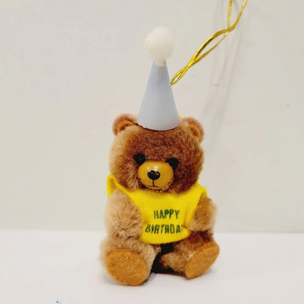 Vtg Mini Yellow Happy Birthday Shirt Brown Teddy Bear Cone Hat Ornament Toy